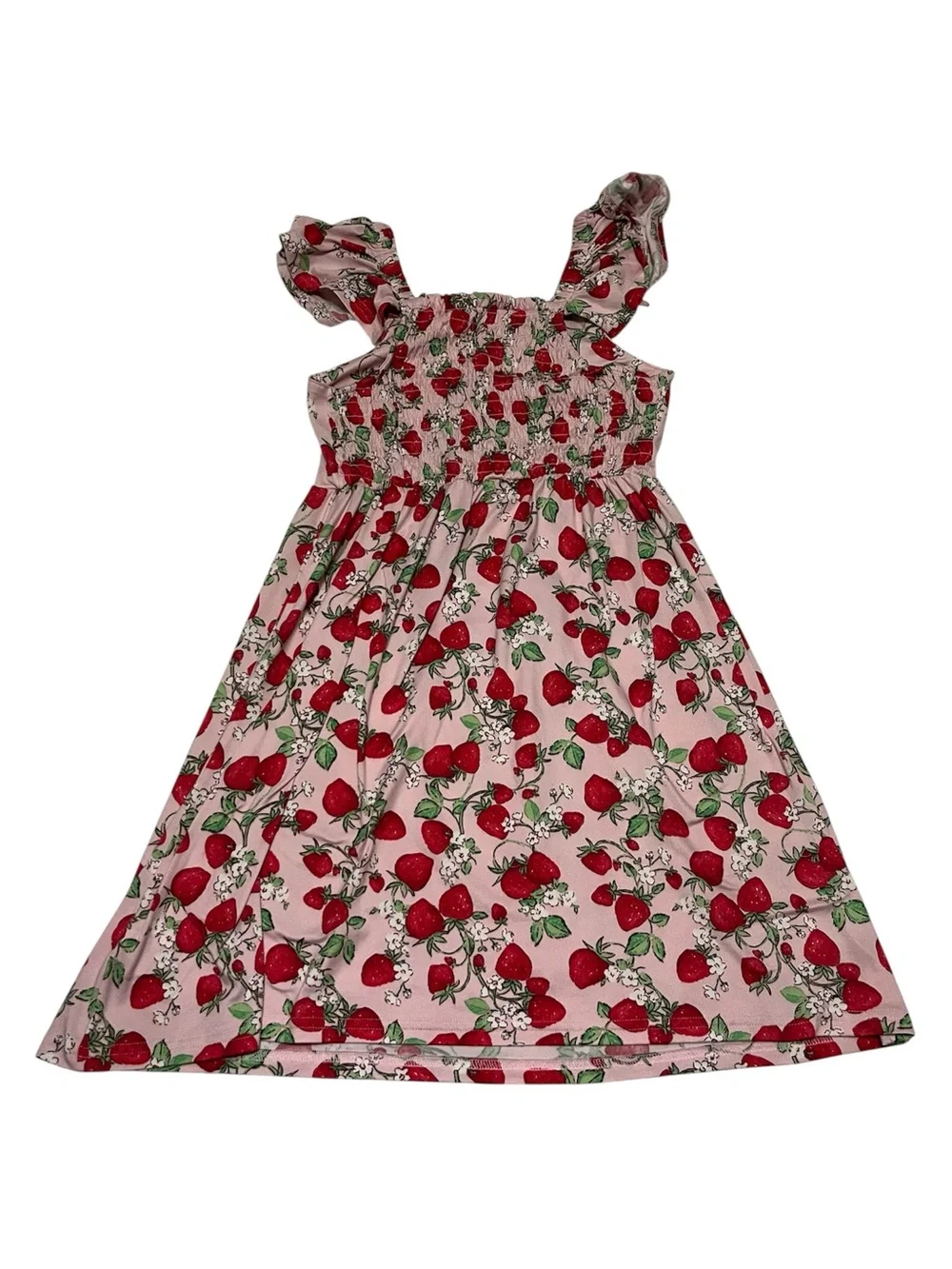 Nanette Lepore Girls Strawberry Print Dress Size 12 Pink Flutter Sleeve Summer